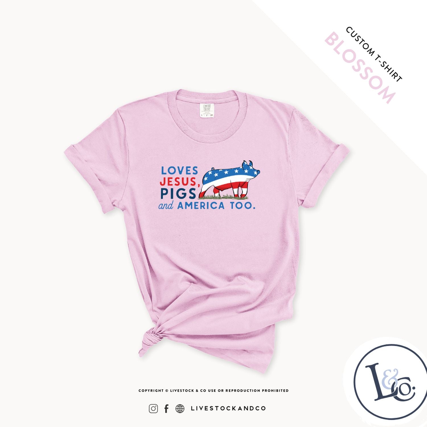 Custom Made Loves Jesus, Pigs and America Too - Adult T-Shirt Stock Show Livestock - Livestock &amp; Co. Boutique