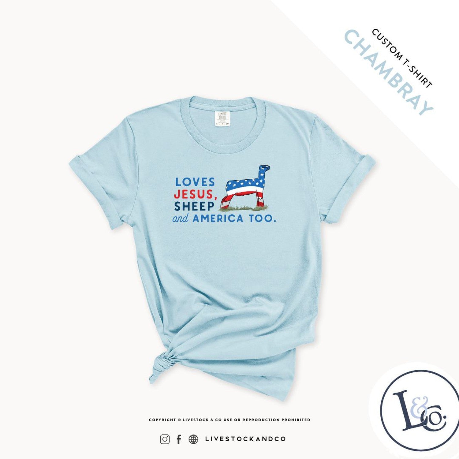 Custom Made Loves Jesus, Sheep and America Too - Youth T-Shirt Stock Show Livestock - Livestock &amp; Co. Boutique
