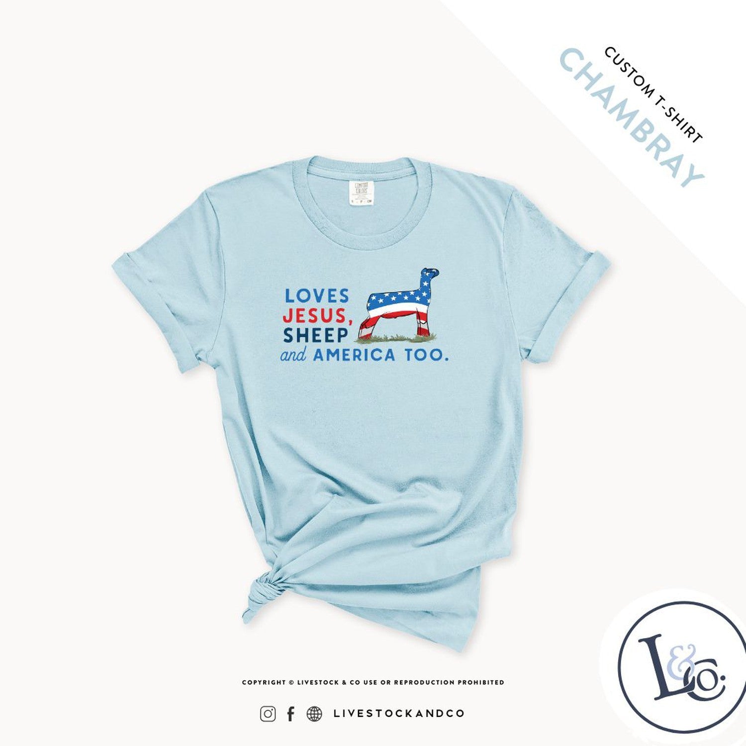 Custom Made Loves Jesus, Sheep and America Too - Youth T-Shirt Stock Show Livestock - Livestock &amp;amp; Co. Boutique